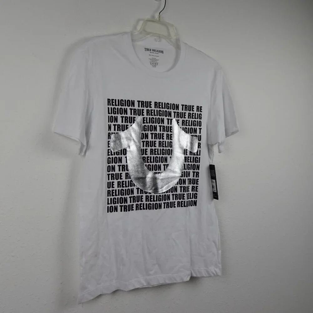 True Religion T-Shirt Men's Size S White Horseshoe Spell Out Logo Cotton
